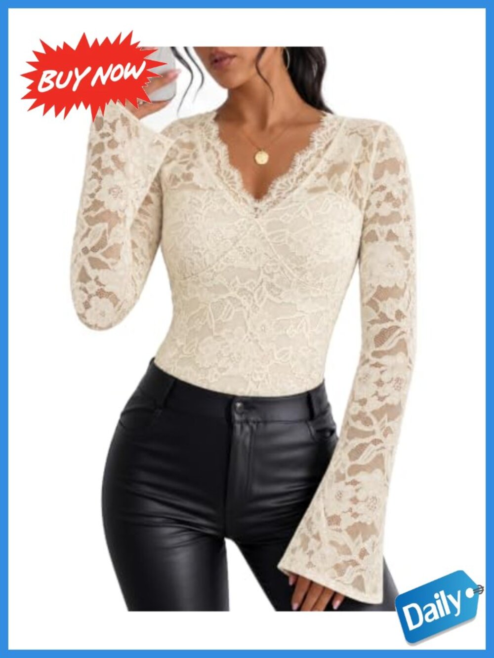 MEROKEETY Women Lace Bell Sleeve V Neck Blouse Dressy Top